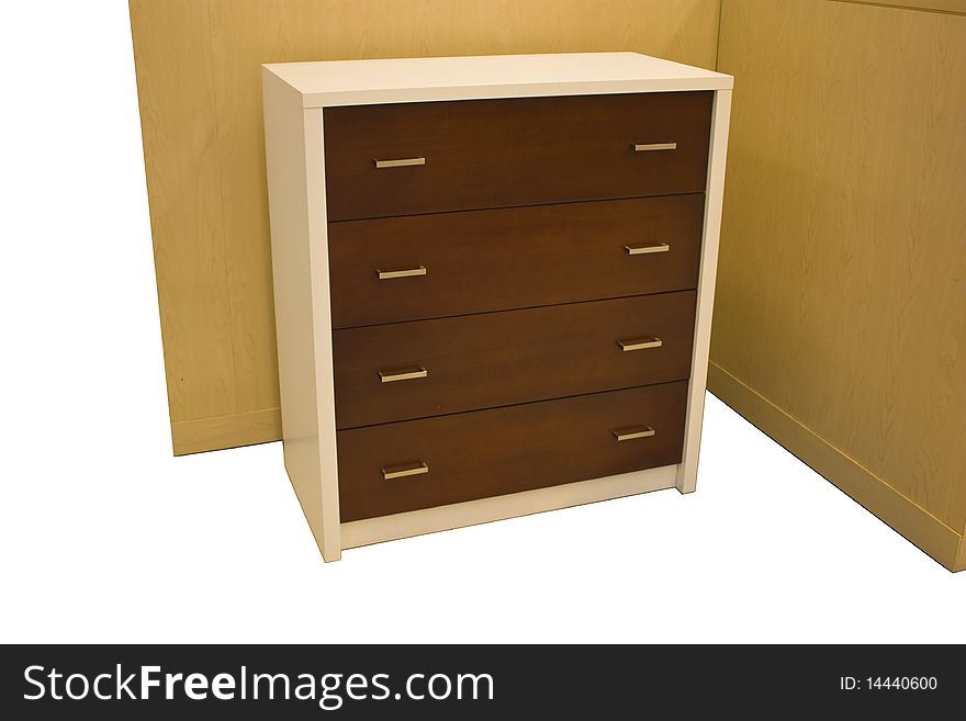 Isolated Chest Drawer with backing walls in the background