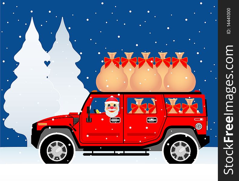 Santa Claus vector drive red 4WD on snow. Santa Claus vector drive red 4WD on snow