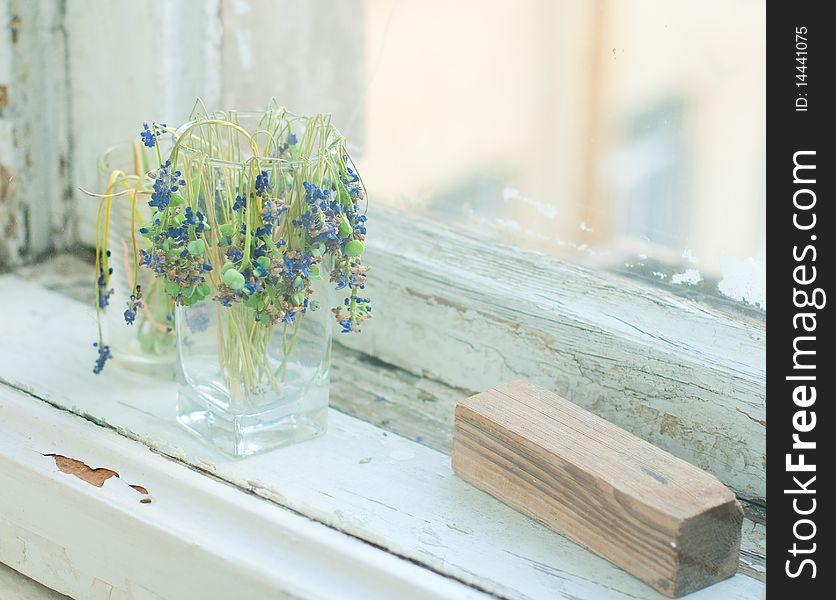 Dead flowers in the glasses on the old broken window. And wood bar. Dead flowers in the glasses on the old broken window. And wood bar.