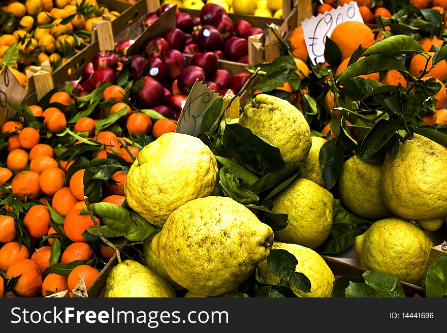 Various fruits exposed in a market. Various fruits exposed in a market