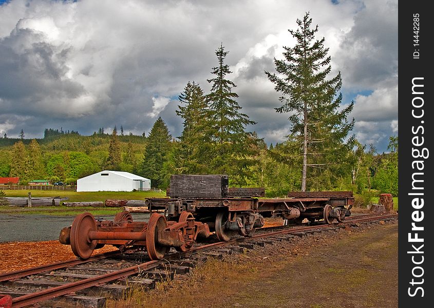 Old rusting railroad flat car