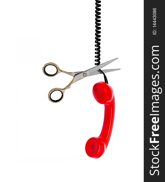 Image of a scissor cutting the phone line over white. Image of a scissor cutting the phone line over white