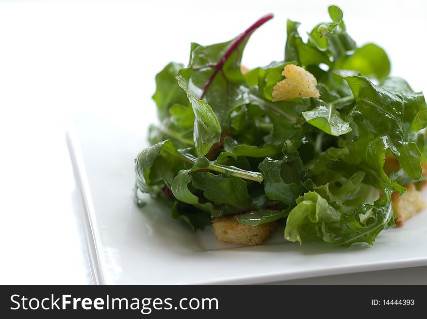 A healthy crouton salad with fresh green leaves. A healthy crouton salad with fresh green leaves