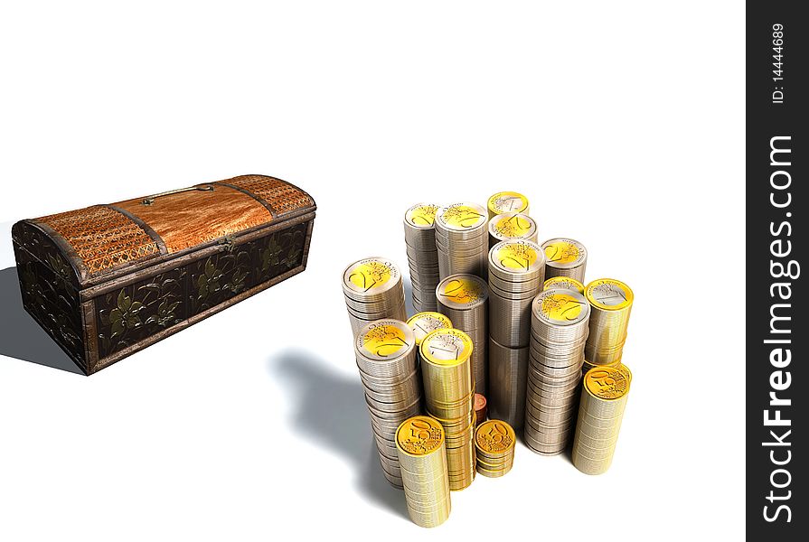 Coin and treasure chests isolated on white background