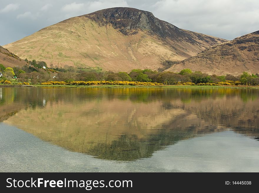 Lochranza loch with mountain reflections and copy space.