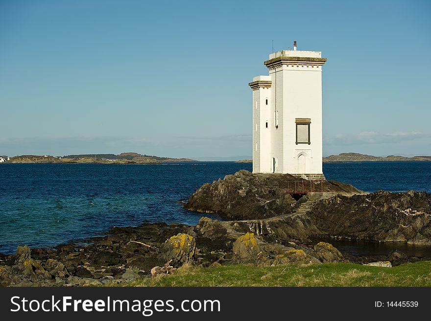 Square lighthouse with copy space and bridge,