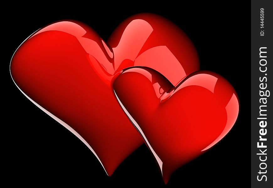 Two glossy red hearts isolated on black