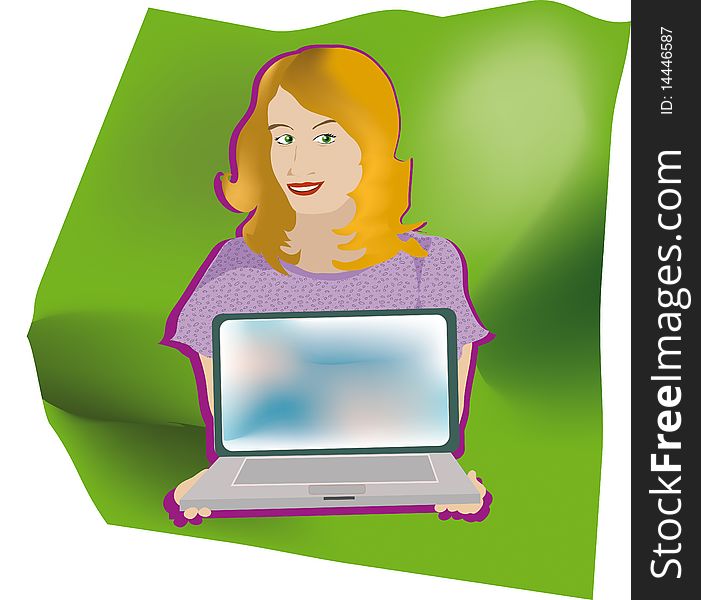 Girl with pc above green background