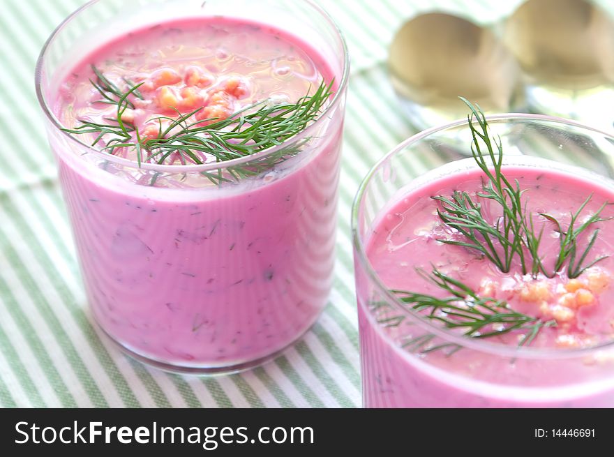 Cold vegetable soup with beet, cucumber, radisih and egg