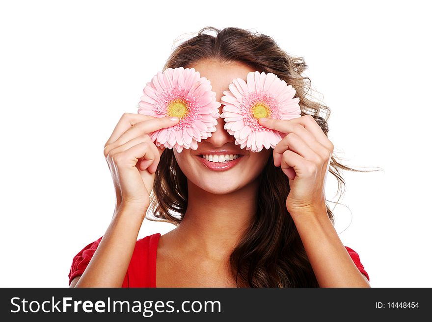 Young beautiful woman with pink fresh flower. Young beautiful woman with pink fresh flower