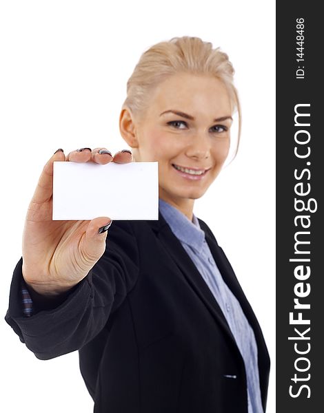 Attractive Businesswoman Closeup - presenting her business card. Attractive Businesswoman Closeup - presenting her business card