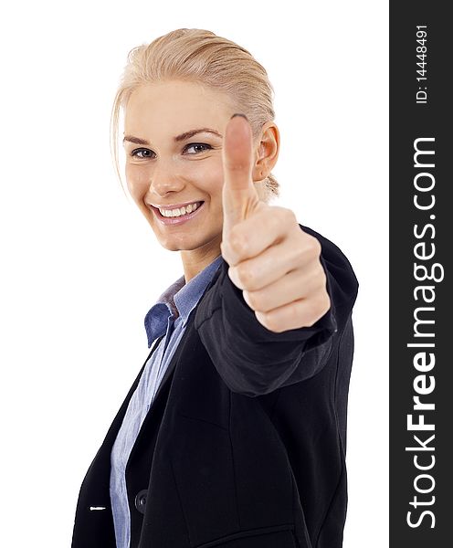 Happy successful businesswoman. Isolated over white background . Thumbs up