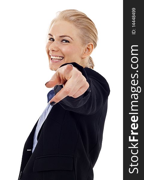 Young business woman pointing to you isolated on white background