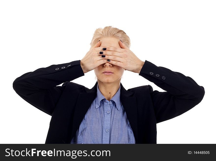 Businesswoman in the See No Evil pose over white