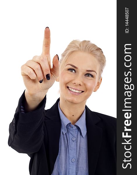 Businesswoman touching virtual pad transparent key with finger over white