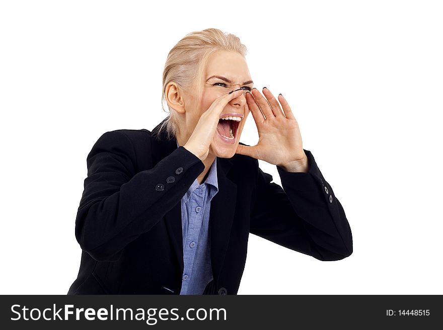 Picture of a blond businesswoman screaming on a white background