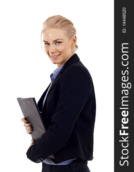 Woman standing with her clipboard isolated on white background. Woman standing with her clipboard isolated on white background