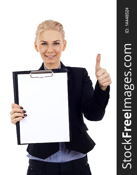 Picture of a businesswoman holding a clipboard and making ok gesture. Picture of a businesswoman holding a clipboard and making ok gesture