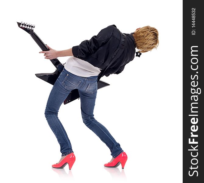 Back picture of a girl with a guitar on a white background