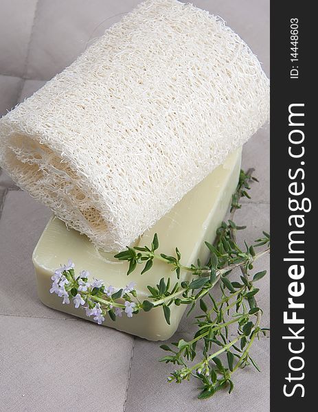 Natural lufah sponge with thyme soap