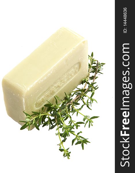 Aromatic thyme soap, isolated on white background. Aromatic thyme soap, isolated on white background