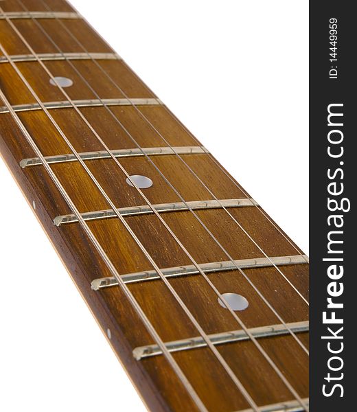 Guitar neck with strings. Close up on white background