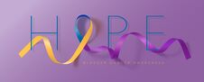 Bladder Cancer Awareness Calligraphy Poster Design. Hope. Realistic Marigold And Blue And Purple Ribbon. May Is Cancer Stock Photo