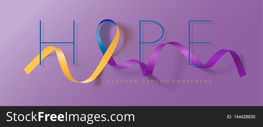 Bladder Cancer Awareness Calligraphy Poster Design. Hope. Realistic Marigold And Blue And Purple Ribbon. May is Cancer Awareness Month. Vector Illustration