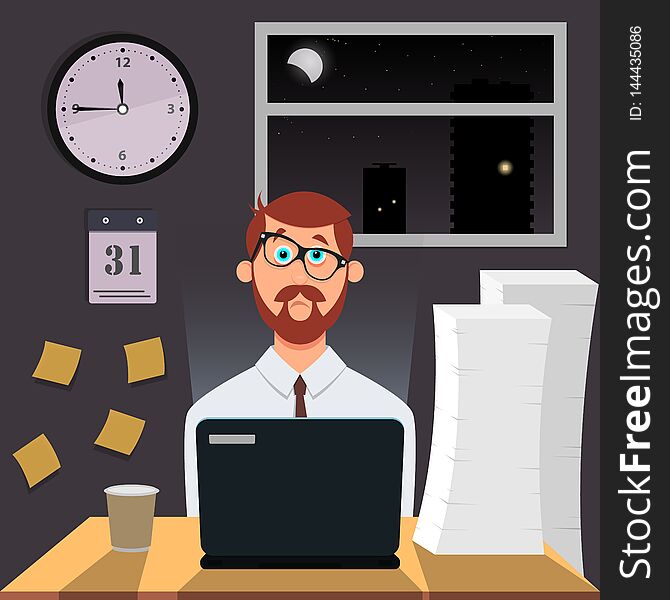 Tired amusing man works at night on laptop. On the wall hang hours, calendar and stickers. In the window is a moonlit night. On the table are a stack of paper, a glass of coffee. Vector illustration.