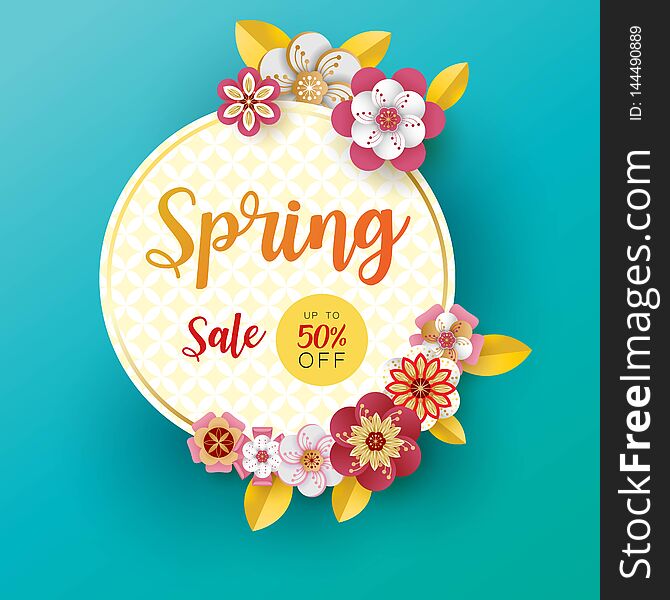 Spring banner sale. With leaf and colorful flowers design. Paper cut art style on blue background.For a festive season Vector illustration. Spring banner sale. With leaf and colorful flowers design. Paper cut art style on blue background.For a festive season Vector illustration.