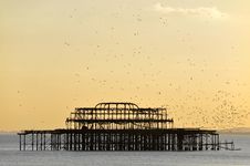 A Flock Of Gulls Above The Old Brighton Pier Royalty Free Stock Images
