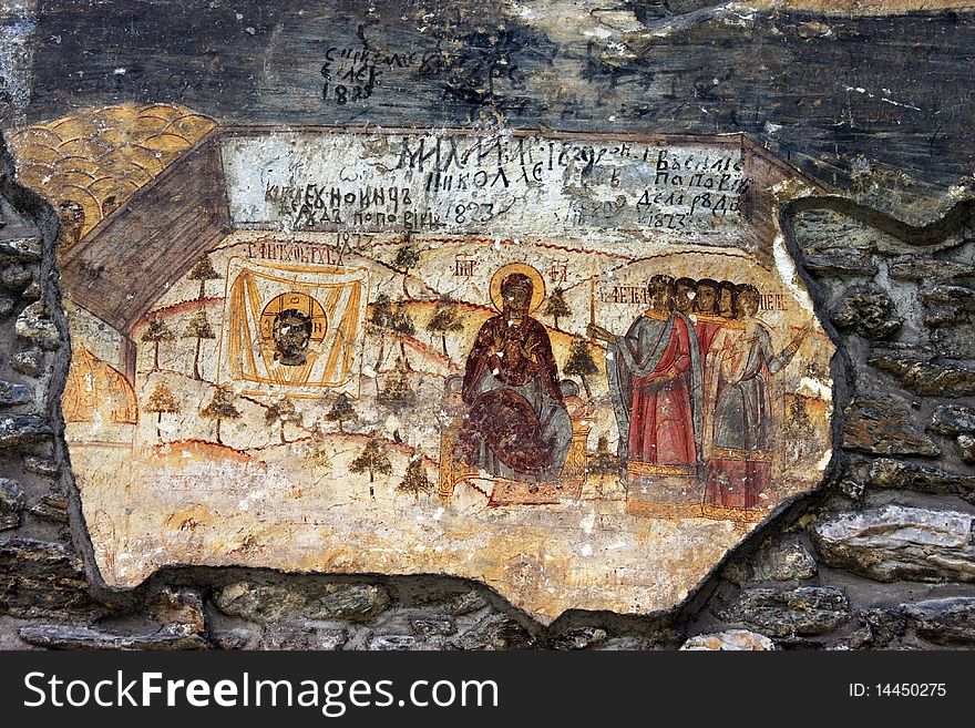This is a religious painting on the wall of Prislop monastery from Romania. This Monastery is build around XIV century. This is a religious painting on the wall of Prislop monastery from Romania. This Monastery is build around XIV century.