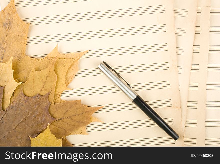Old sheet music sheet of paper which has a handle and the autumn leaves of maple. Old sheet music sheet of paper which has a handle and the autumn leaves of maple