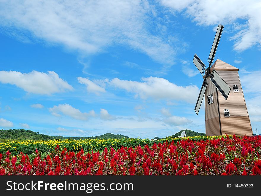 Nice windmill and nice flower with blue sky taken from chonburi thailand