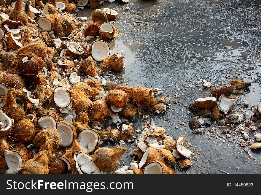 Coconuts smashed on floor during Thaipusam celebration. Coconuts smashed on floor during Thaipusam celebration