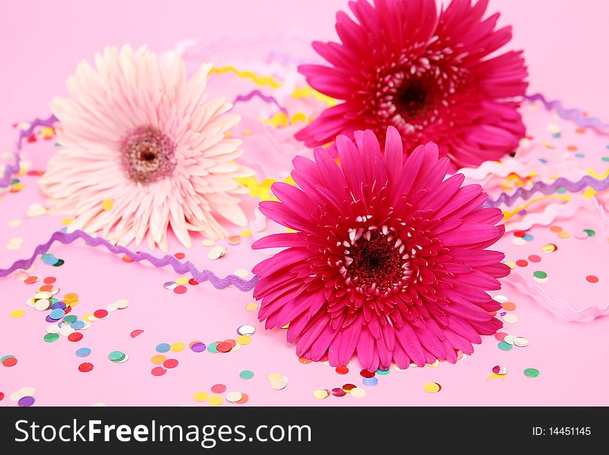 Flowers and confetti on a pink background