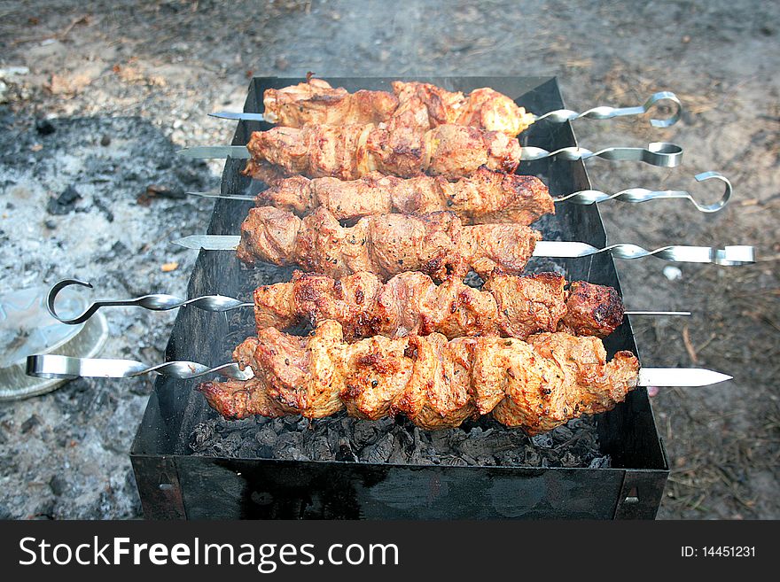 Kebab skewers roasted on a fire in the woods