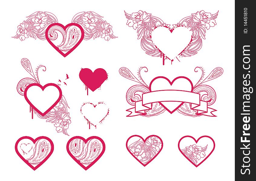 Selection of detailed heart designs. Separated elements. Selection of detailed heart designs. Separated elements.