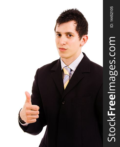 Young business man thumbs up, isolated on white background