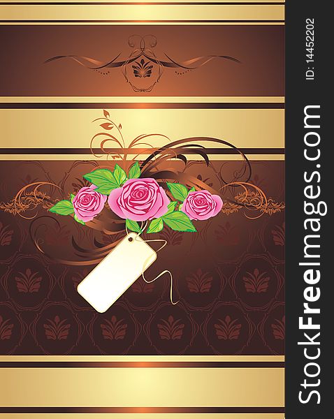 Bouquet of pink roses with ornament on the decorative background. Illustration