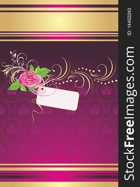 Pink rose with card and ornament on the decorative background. Illustration. Pink rose with card and ornament on the decorative background. Illustration