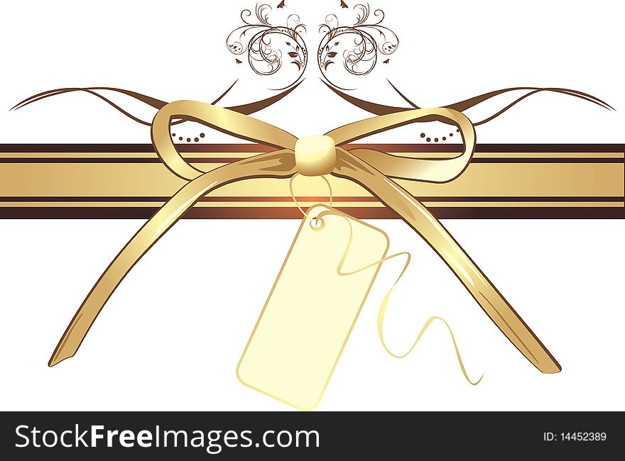Golden bow with card on the decorative ribbon. Illustration
