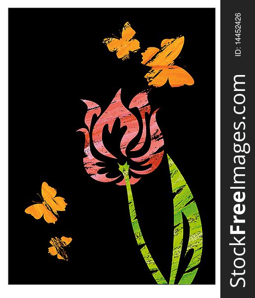 Background with tulip and butterflies on black. Background with tulip and butterflies on black