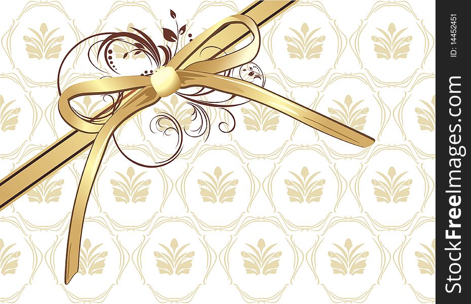 Golden bow with ornament on the decorative background. Illustration