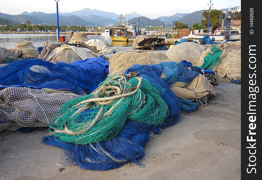 Fishing nets with a port background