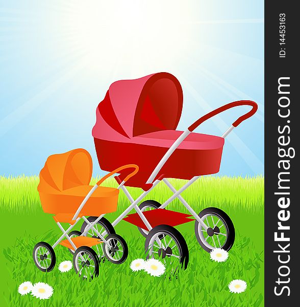 Baby carriages on beautiful summer field,  illustration,AI file included