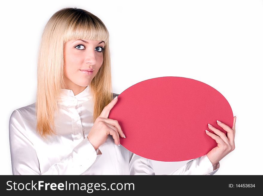 Portrait of a beautiful blonde with a red plate. Portrait of a beautiful blonde with a red plate