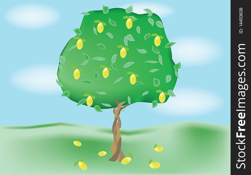 Illustration of alone growing lemon tree under the blue sky