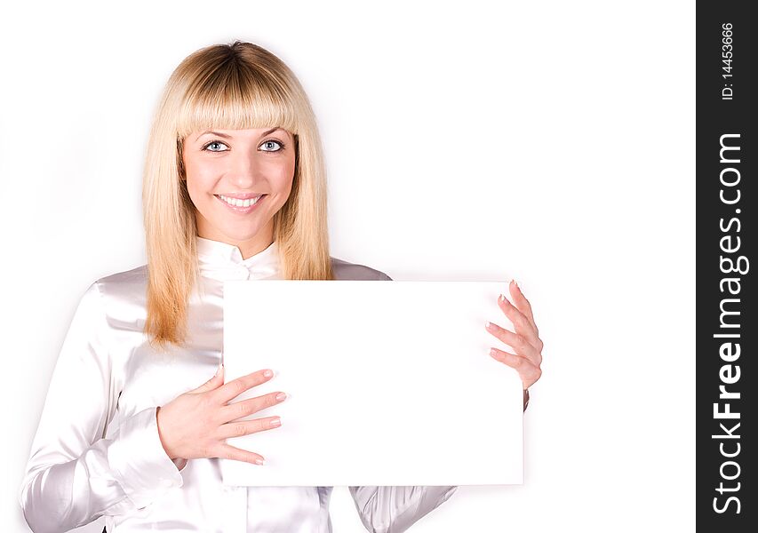 Businesswoman holding blank sign isolated on white. Businesswoman holding blank sign isolated on white