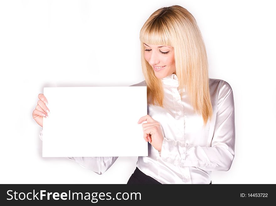 Young businesswoman holding a blank sign isolated on a white background. Young businesswoman holding a blank sign isolated on a white background